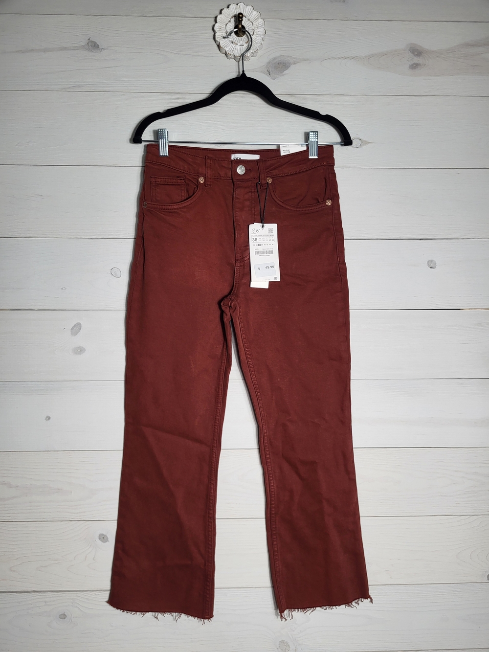 NWT Zara Jeans Burnt Rust Cropped Flare Leg Cotton Denim Pants Raw Hem.